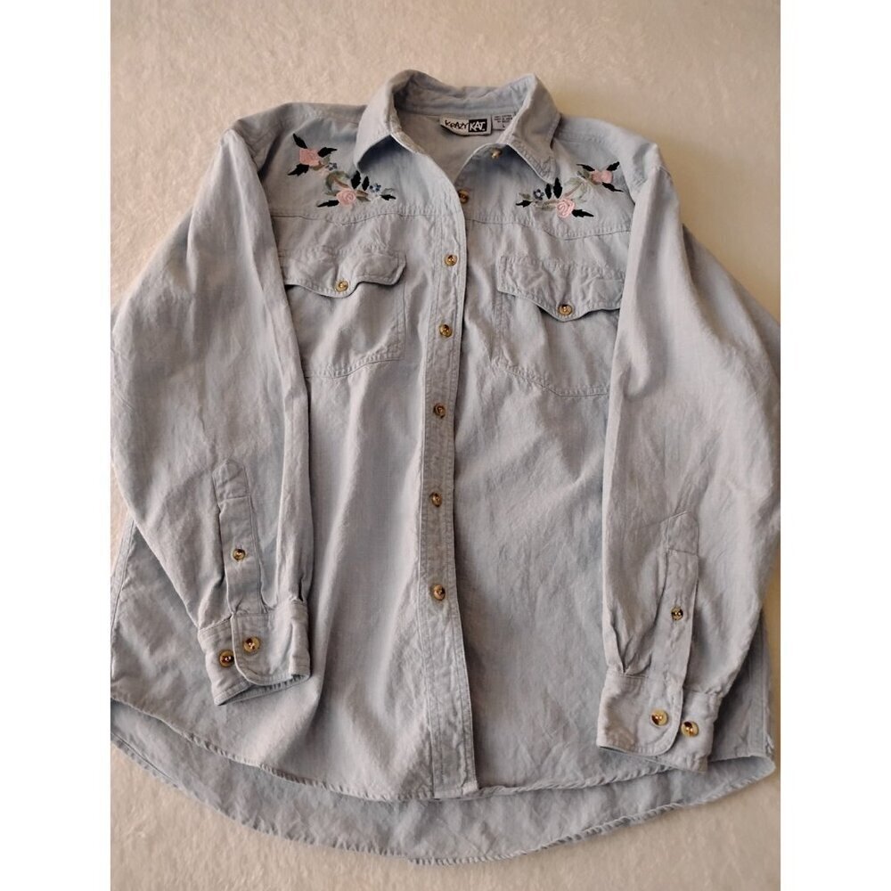 Krazy Kat Womens Denim Blouse Boho Embroidered Casual Western Size Large Blue
